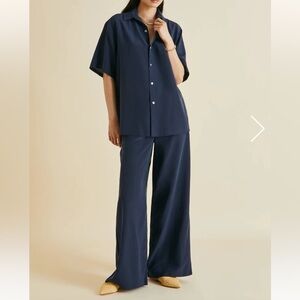 NWT OLIVA VON HALLE ALABAMA NAVY PAJAMAS IN SILK CRÊPE DE CHINE SIZE M NAVY